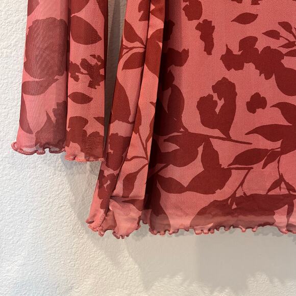 Y2K Style Burgundy Floral Long Sleeve Blouse w/ Sheer Sleeve & Open Back | Sz XS - Picture 3 of 7